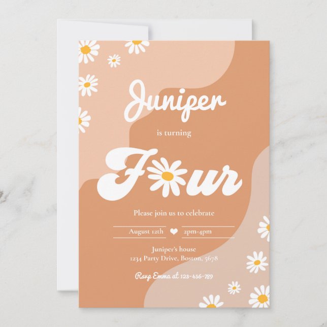 Invitation Boho 4th Birthday Daisy Floral Super 70's Party (Devant)