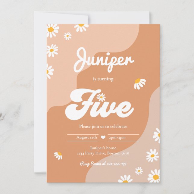 Invitation Boho 5th Birthday Daisy Floral Super 70's Party (Devant)