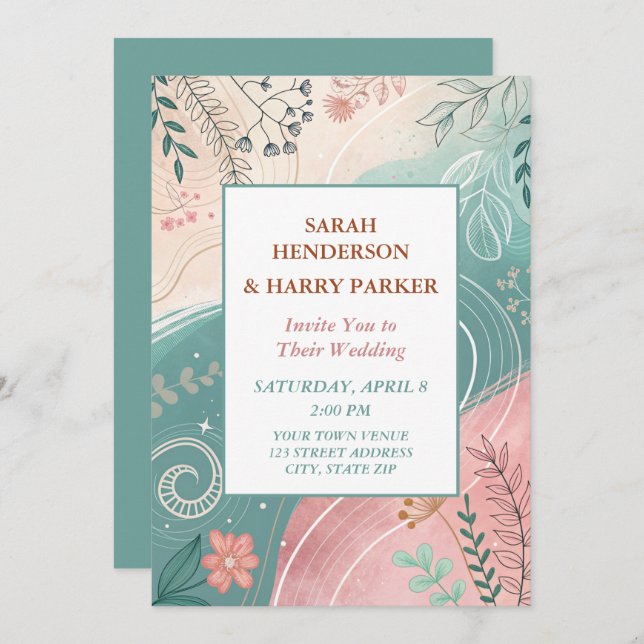 Invitation Boho Abstrait Mariage Floral Turquoise (Devant / Derrière)