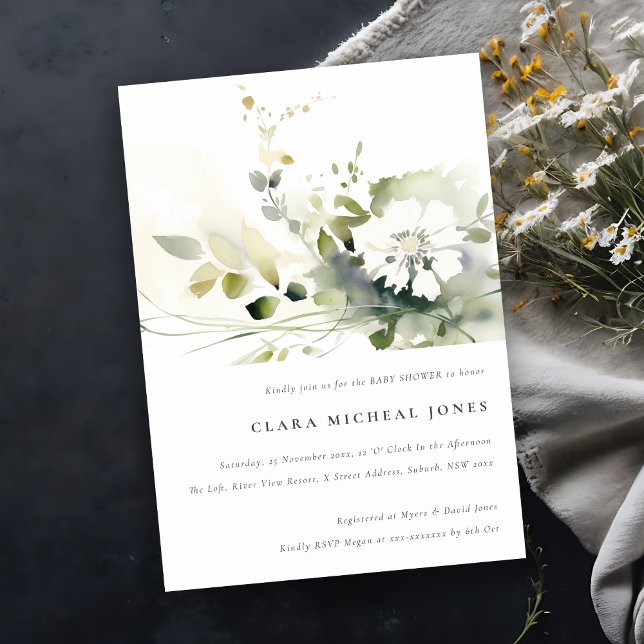 Invitation Boho Abstrait vert blanc Baby shower floral (Créateur téléchargé)