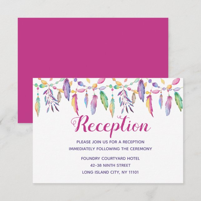 Invitation Boho Amérindien Plume Indienne Violette Mariage (Devant / Derrière)