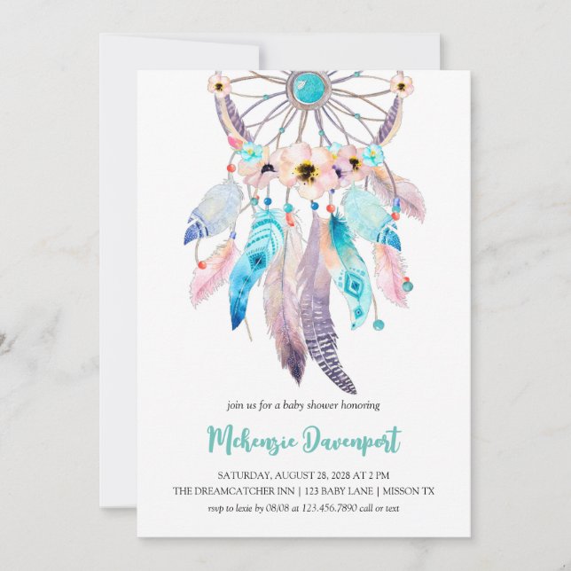 Invitation Boho Anemone Floral Turquoise Dreamcatcher Baby sh (Devant)