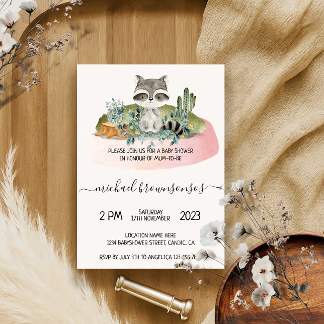 Invitation Boho Animal Raccoon Baby shower tropical (Créateur téléchargé)