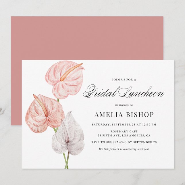 Invitation Boho Anthuriums rose Tropical Bridal Luncheon (Devant / Derrière)