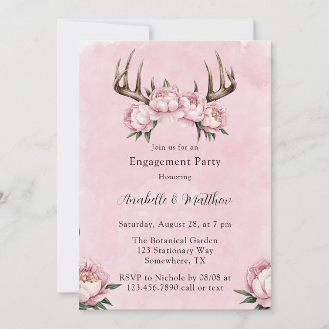 Invitation Boho Antler avec Pink Peonies Partie d'engagement (Devant)