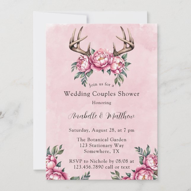 Invitation Boho Antler Pink Peonies Mariage Couples Douche (Devant)