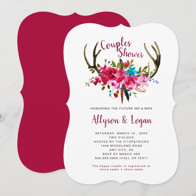 Invitation Boho Antlers Fuchsia Rose Floral Couples Douche (Devant / Derrière)
