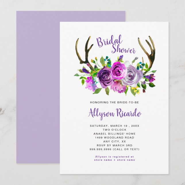 Invitation Boho Antlers Purple Mélange Floral Fête des mariée (Devant / Derrière)