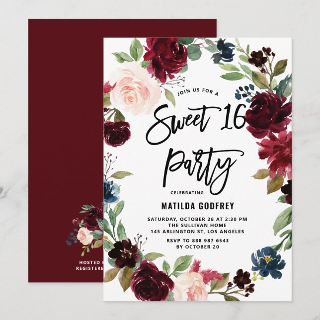Invitation Boho Aquarelle Automne Floral Wreath Sweet 16 (Devant / Derrière)