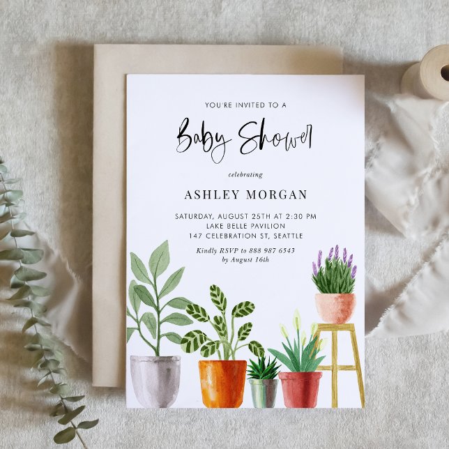 Invitation Boho Aquarelle Baby shower Plante pointé (Customizable boho baby shower invitation featuring watercolor potted houseplants. )