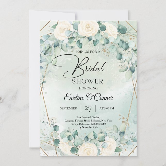 Invitation Boho aquarelle blanche roses eucalyptus cadre or (Devant)