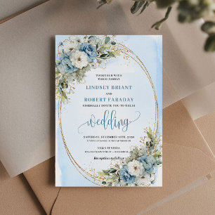 Invitation Boho Aquarelle Bleu Poussiéreux Floral Or Mariage 