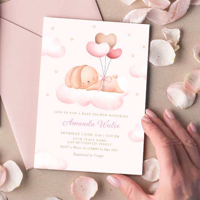 Invitation Boho Aquarelle Bunny Balloon Baby shower fille (Créateur téléchargé)