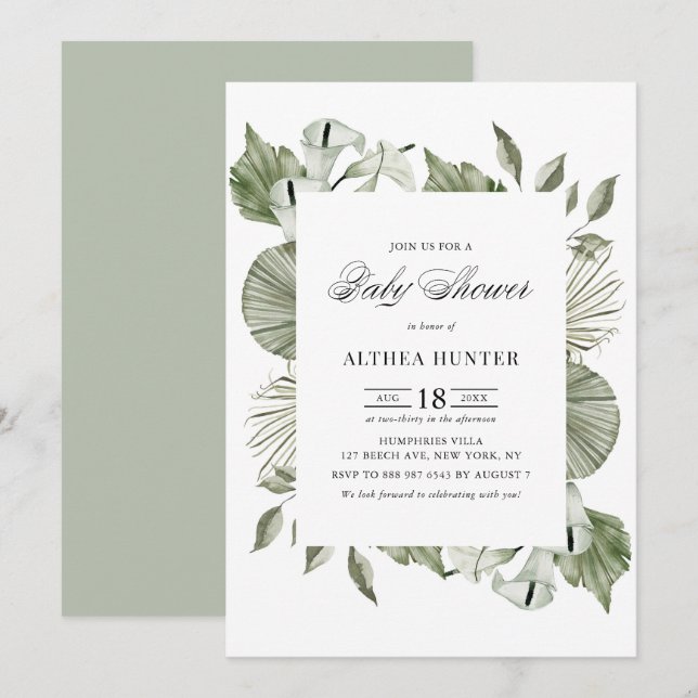 Invitation Boho Aquarelle Calla Lily Baby shower verdoyant (Devant / Derrière)