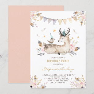 Invitation Boho Aquarelle Cerf et Anniversaire de enfant Flor