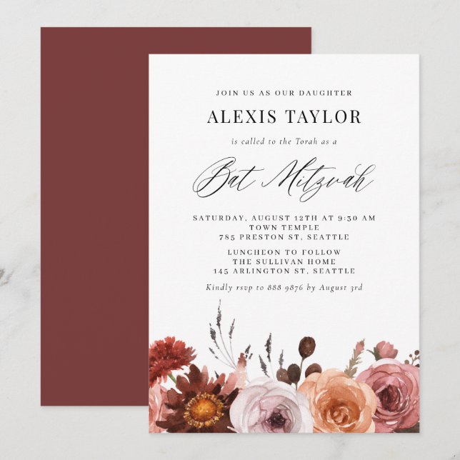 Invitation Boho Aquarelle Chute Fleurs Bat mitzvah (Devant / Derrière)