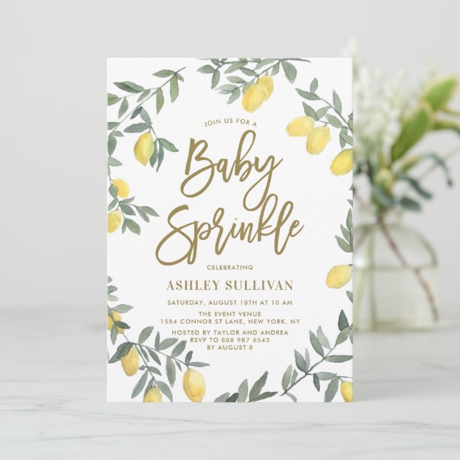 Invitation Boho Aquarelle Citron Wreath Gold Baby Sprinky (Debout devant)