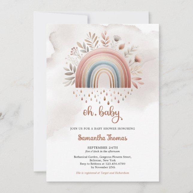 Invitation Boho aquarelle couleurs pastel arc-en-ciel floral  (Devant)