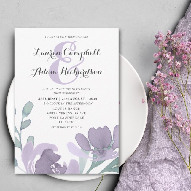 Invitation Boho Aquarelle Dusty Purple Florals Mariage (Créateur téléchargé)