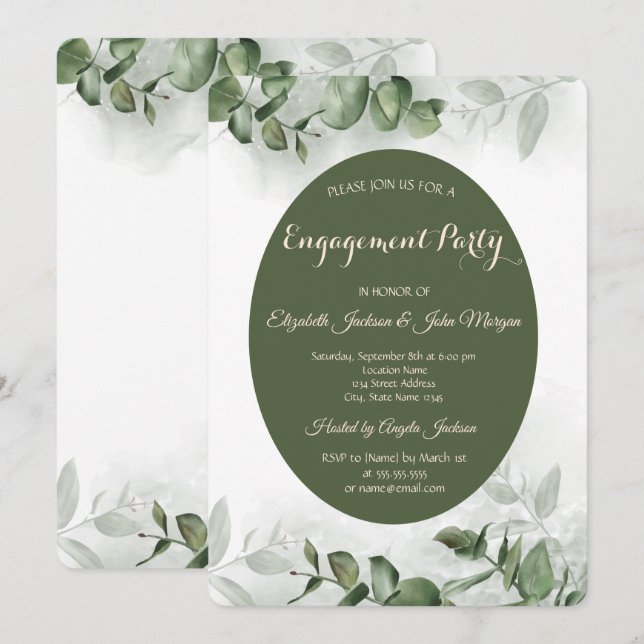 Invitation Boho Aquarelle Eucalyptus Fiançailles de verdure (Devant / Derrière)