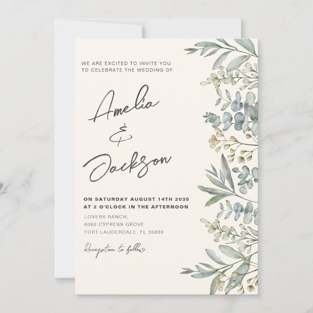 Invitation Boho Aquarelle Eucalyptus Vert et Mariage ivoire (Devant)