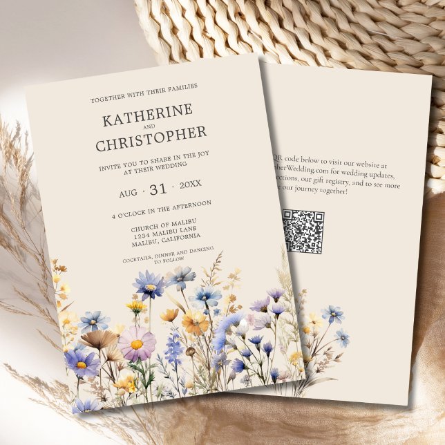 Invitation BOHO Aquarelle Fleur sauvage Elégant Mariage beige (BOHO Wildflower Wedding Invitation with Purple, Blue, Yellow Wildflowers on a Beige Background.)