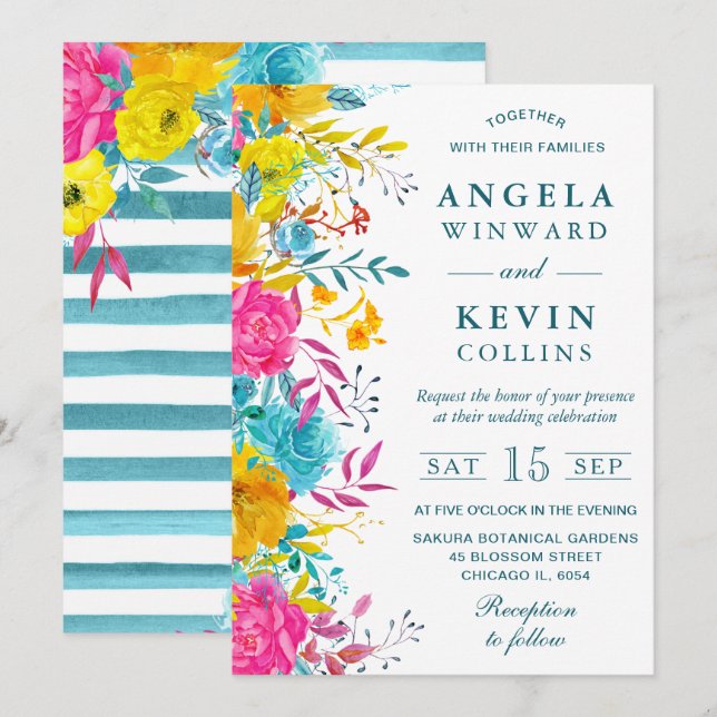 Invitation Boho Aquarelle Fleurs été Mariage (Devant / Derrière)