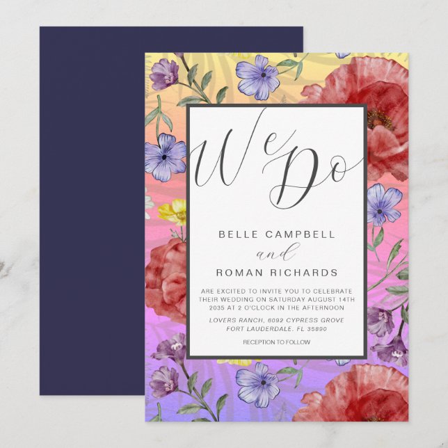 Invitation Boho Aquarelle Fleurs sauvages Mariage coloré (Devant / Derrière)