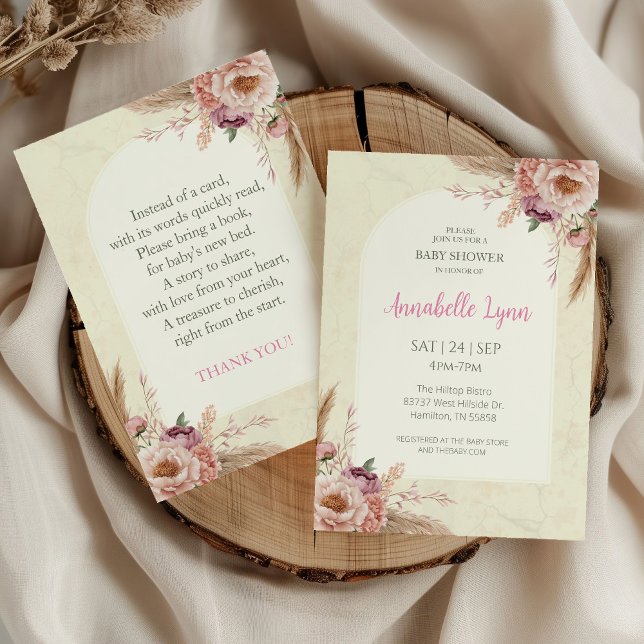 Invitation Boho Aquarelle Floral Arche Baby shower (Vintage Boho Floral Arch Pink and Beige Baby Shower invitation)