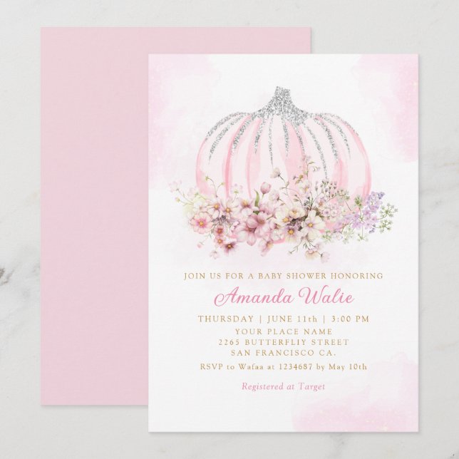 Invitation Boho Aquarelle Floral Citrouille Baby shower fille (Devant / Derrière)