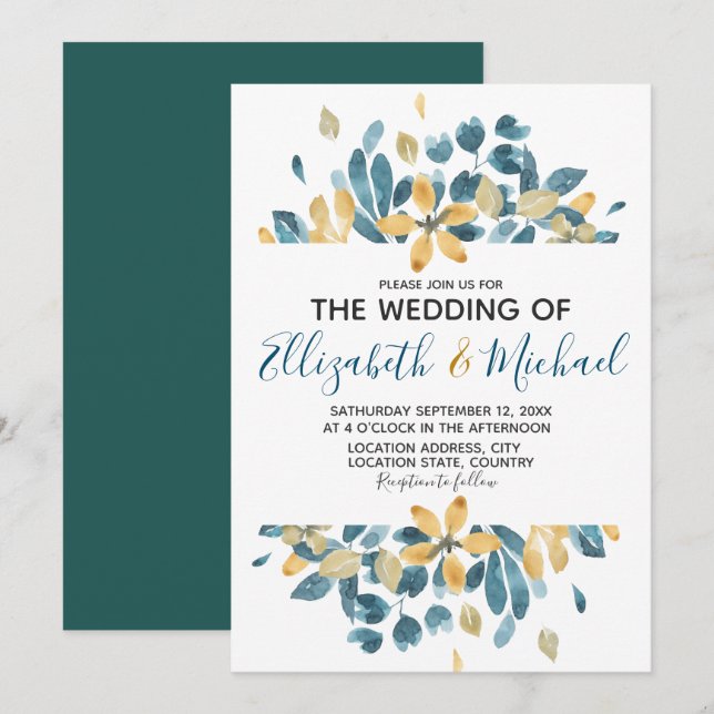 Invitation Boho Aquarelle Floral Turquoise Jaune mariage (Devant / Derrière)