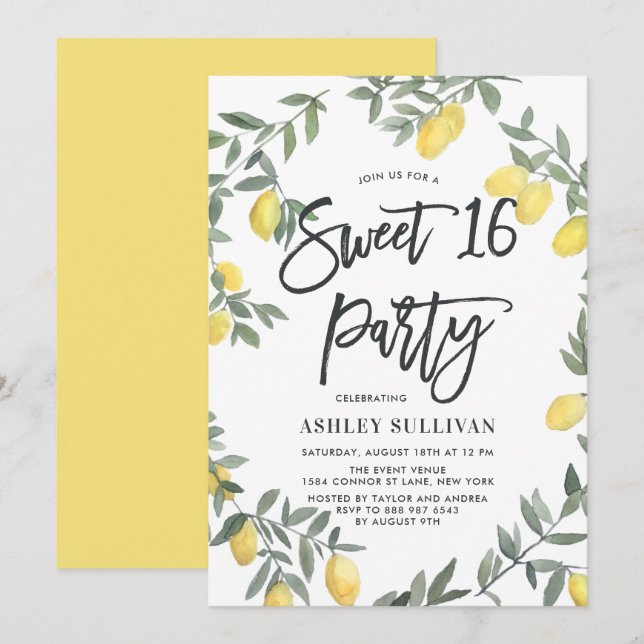 Invitation Boho Aquarelle Lemon Wreath Sweet 16 Party (Devant / Derrière)