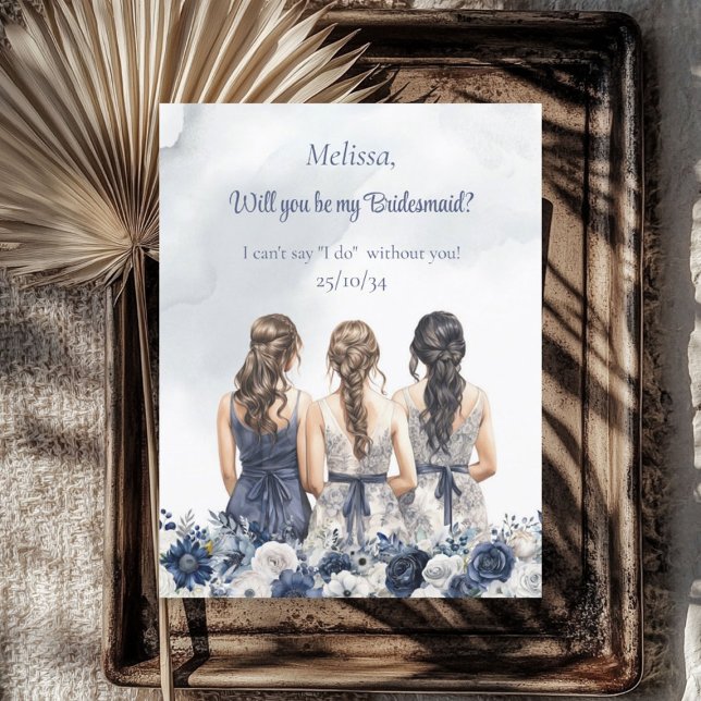 Invitation Boho Aquarelle marine bleu blanc floral Bridesmaid (Boho Watercolor navy blue white floral Bridesmaid Invitation)