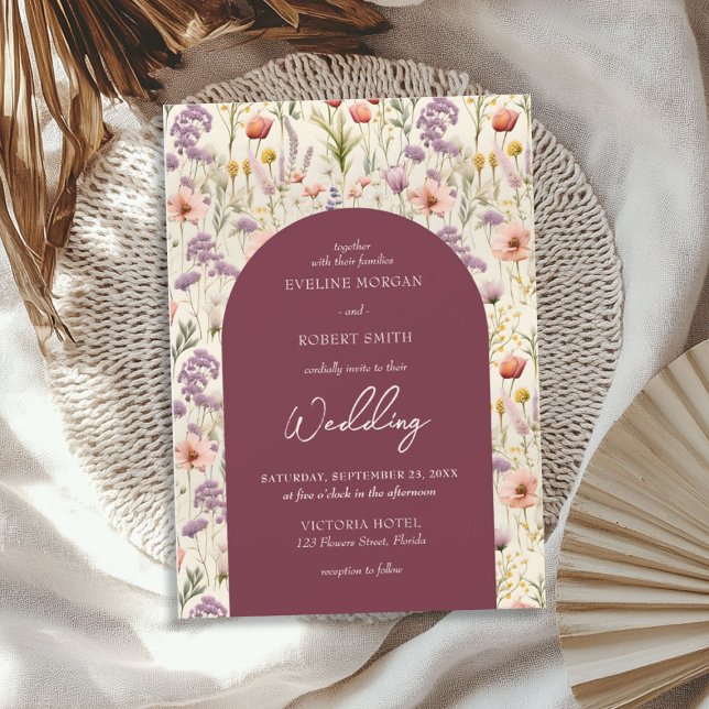 Invitation Boho aquarelle marron ivoire violet fleurs sauvage (Boho watercolor maroon ivory purple wild flowers invitation)