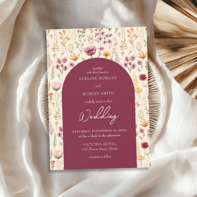 Invitation Boho aquarelle mauve ivoire jaune fleurs sauvages (Boho watercolor mauve ivory yellow wild flowers invitation)
