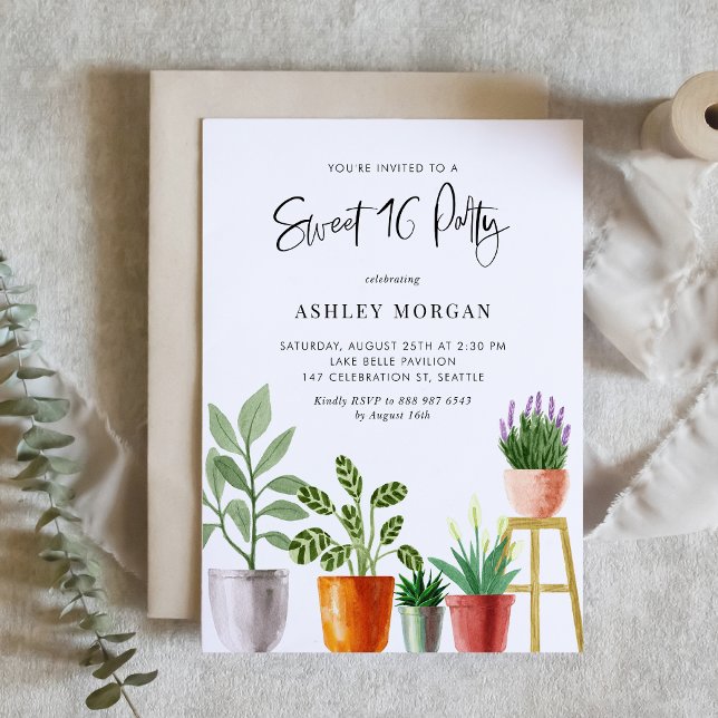 Invitation Boho Aquarelle Poted Plante Sweet 16 Party (Customizable boho sweet sixteen party invitation featuring watercolor potted houseplants. )
