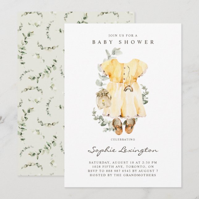 Invitation Boho Aquarelle robe bébé Baby shower Eucalyptus (Devant / Derrière)