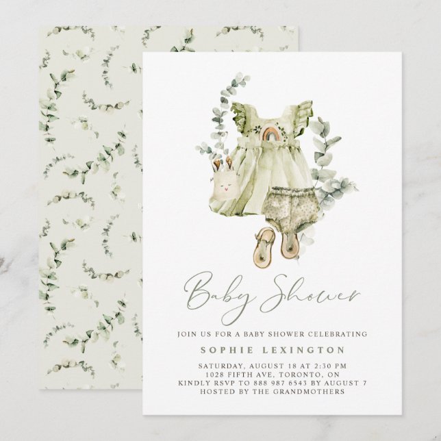 Invitation Boho Aquarelle Robe verte Baby shower de verdure (Devant / Derrière)