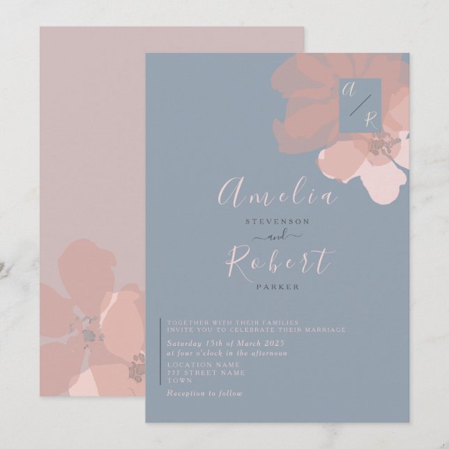 Invitation Boho Aquarelle rose Dusty Mariage bleu (Devant / Derrière)