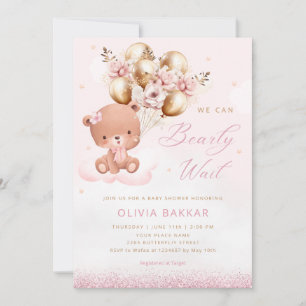 Invitation Boho Aquarelle rose Teddy ours Baby shower fille