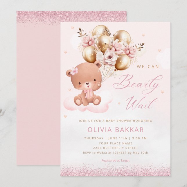 Invitation Boho Aquarelle rose Teddy ours Baby shower fille (Devant / Derrière)