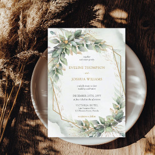 Invitation Boho Aquarelle vert eucalyptus et or mariage