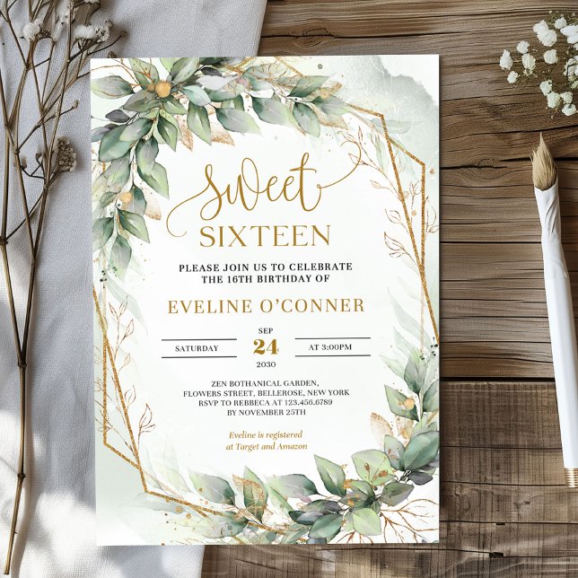 Invitation Boho aquarelle vert eucalyptus sweet sixteen (Watercolor greenery and gold sweet sixteen invitation digital)