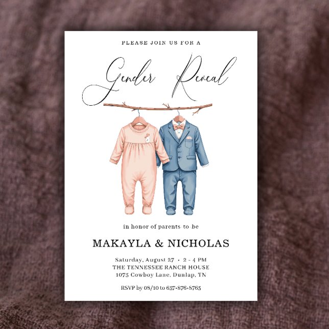 Invitation Boho Aquarelle Vêtements de bébé Révélation de gen (Créateur téléchargé)