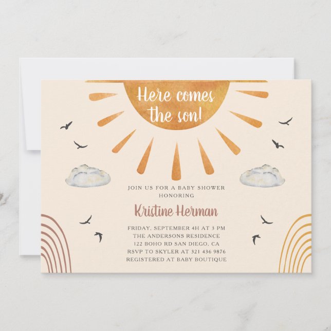 Invitation Boho Aquarelle voici le Baby shower Son (Devant)