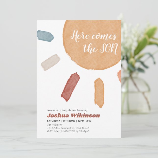 Invitation Boho aquarelle Voici le baby shower Son (Debout devant)