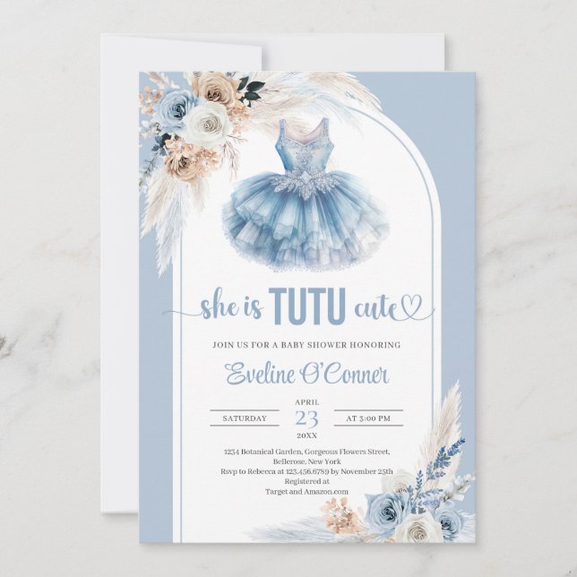 Invitation Boho arc marine bleu tutu robe pampas Baby shower (Devant)