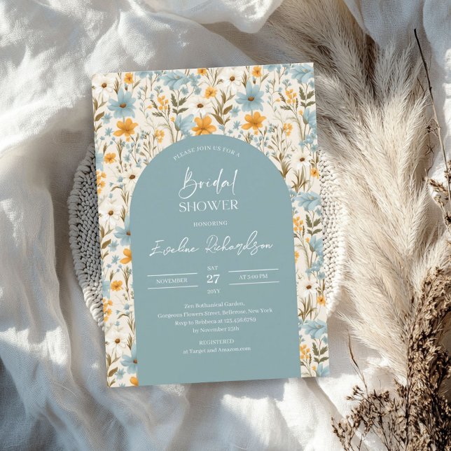 Invitation Boho arch aquarelle bleu clair fleurs sauvages (Boho arch watercolor light blue yellow wildflowers invitation)