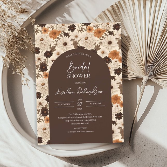 Invitation Boho arch aquarelle marron teintes ivoire fleur sa (Boho arch watercolor brown hues ivory wildflower invitation)