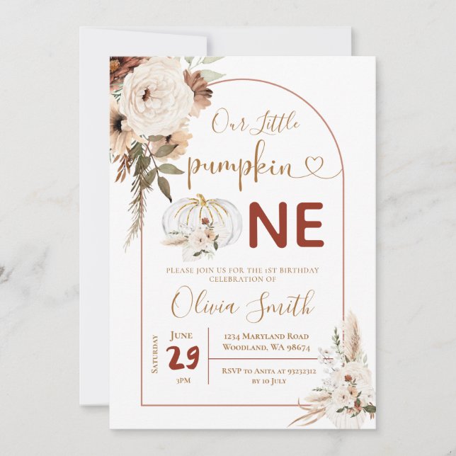 Invitation Boho Arch Blanc Citrouille 1er Anniversaire Pampas (Devant)